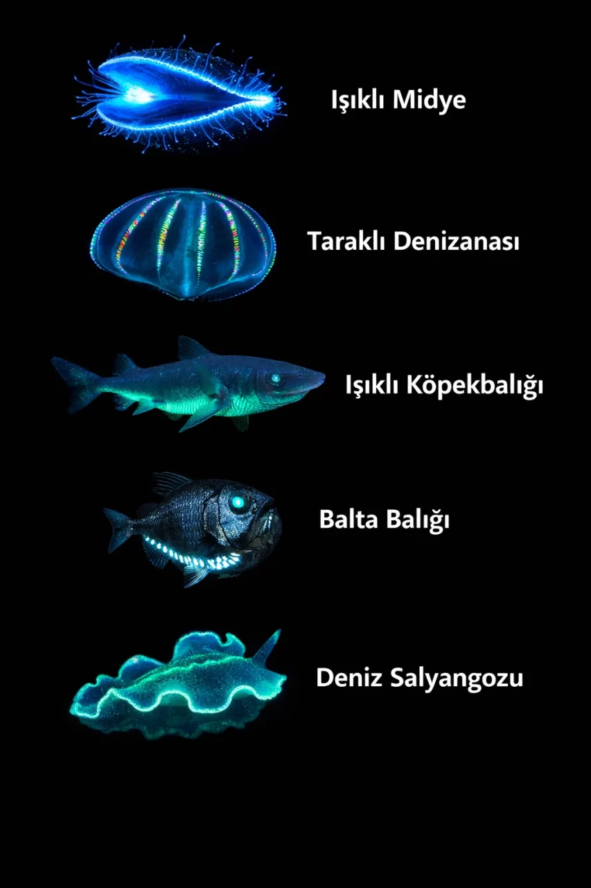 Işıklı midye, taraklı denizanası, ışıklı köpekbalığı, balta balığı ve deniz salyangozu; düz arka plan üzerinde alt alta sıralanmış, biyolüminesans yeteneklerini sergileyen canlılar.
