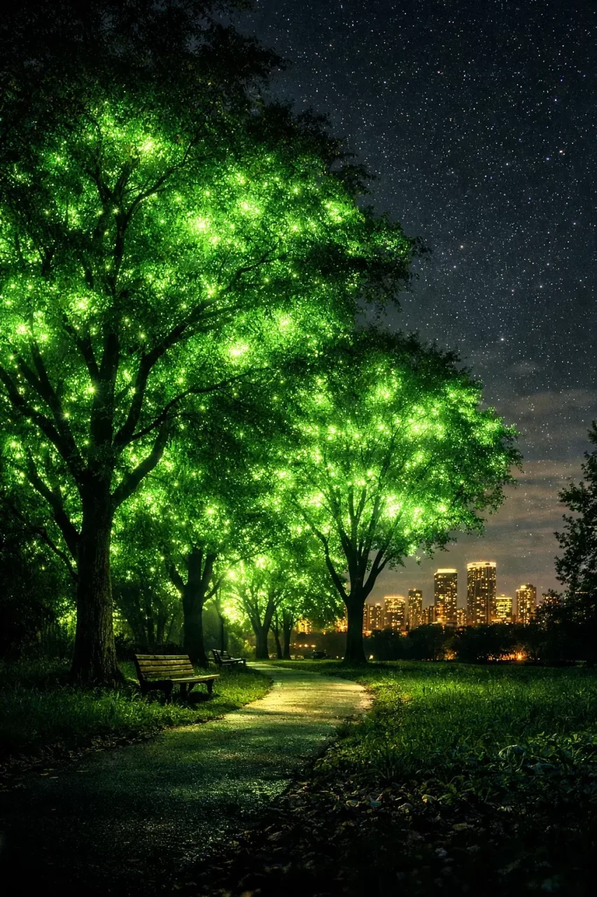Gece parkında genetiği değiştirilmiş biyolüminesans ağaçlar, yeşil ışıklarıyla yolu aydınlatıyor; arka planda şehir silueti görülüyor.