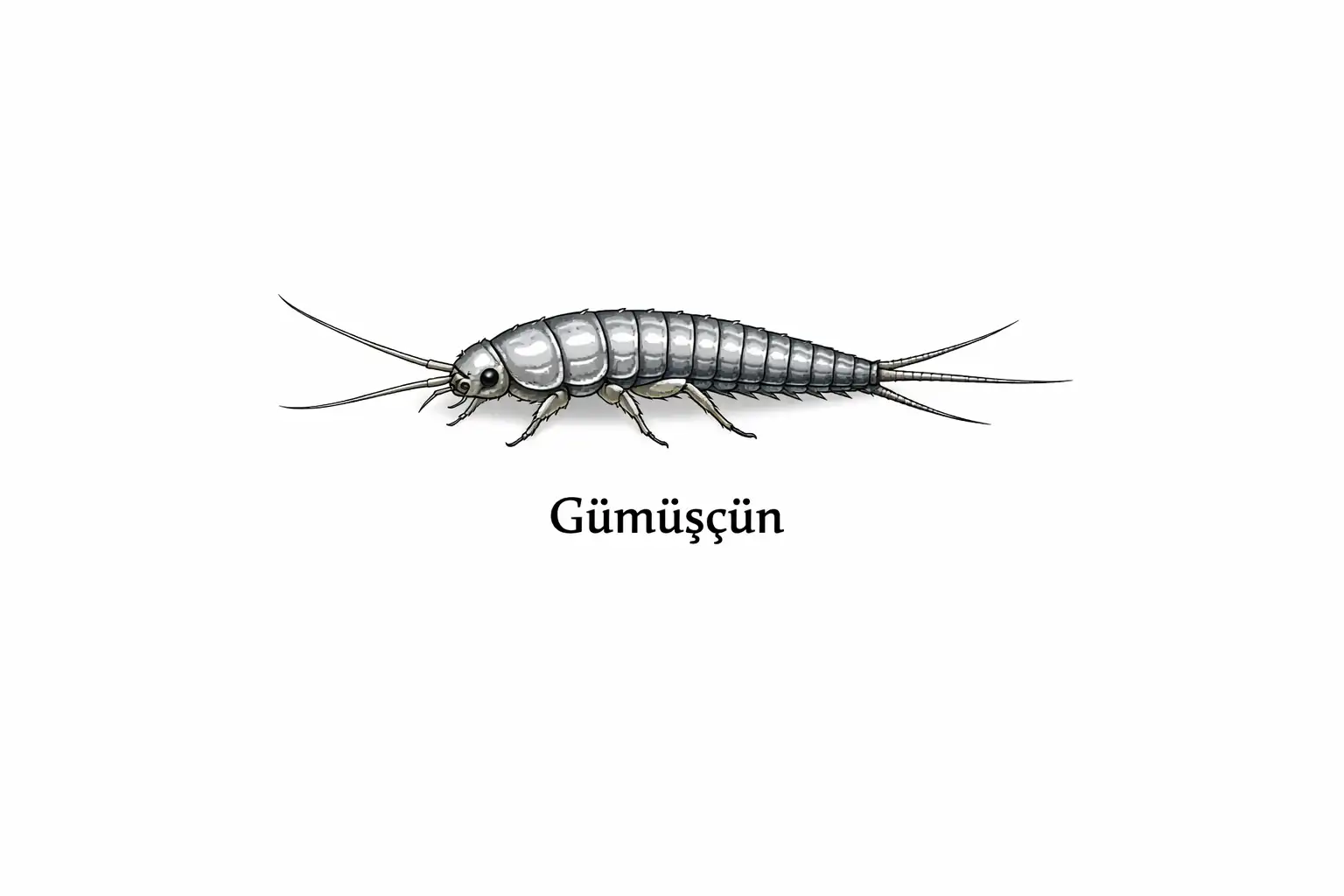 Gümüşçün (Lepisma saccharina) böceğinin sade arka planlı illüstrasyonu.